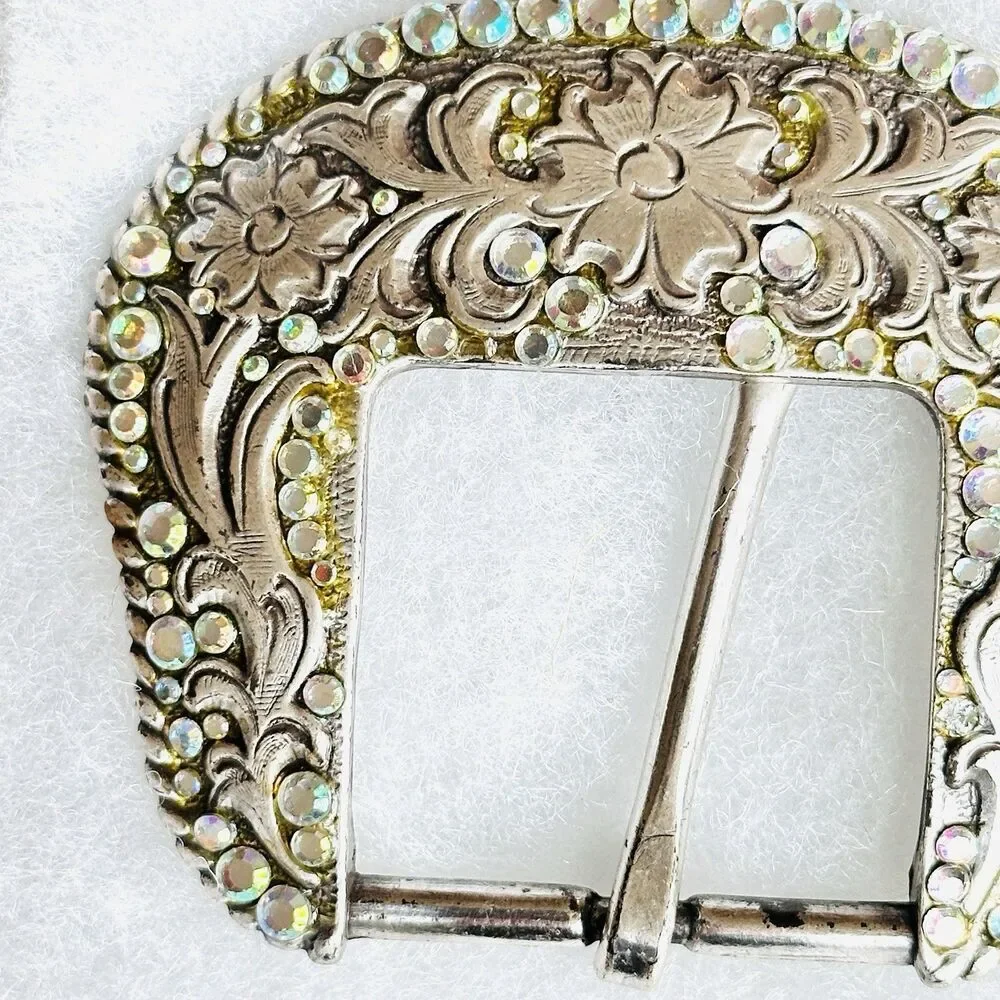 Western Belt Buckle Iridescent Aurora Borealis Rhinestones Y2K 90s Vintage Rodeo